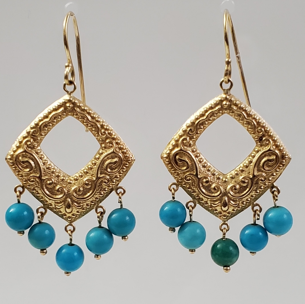 Articulated Heavy 14K Gold Sleeping Beauty Turquoise Dangle Earrings
